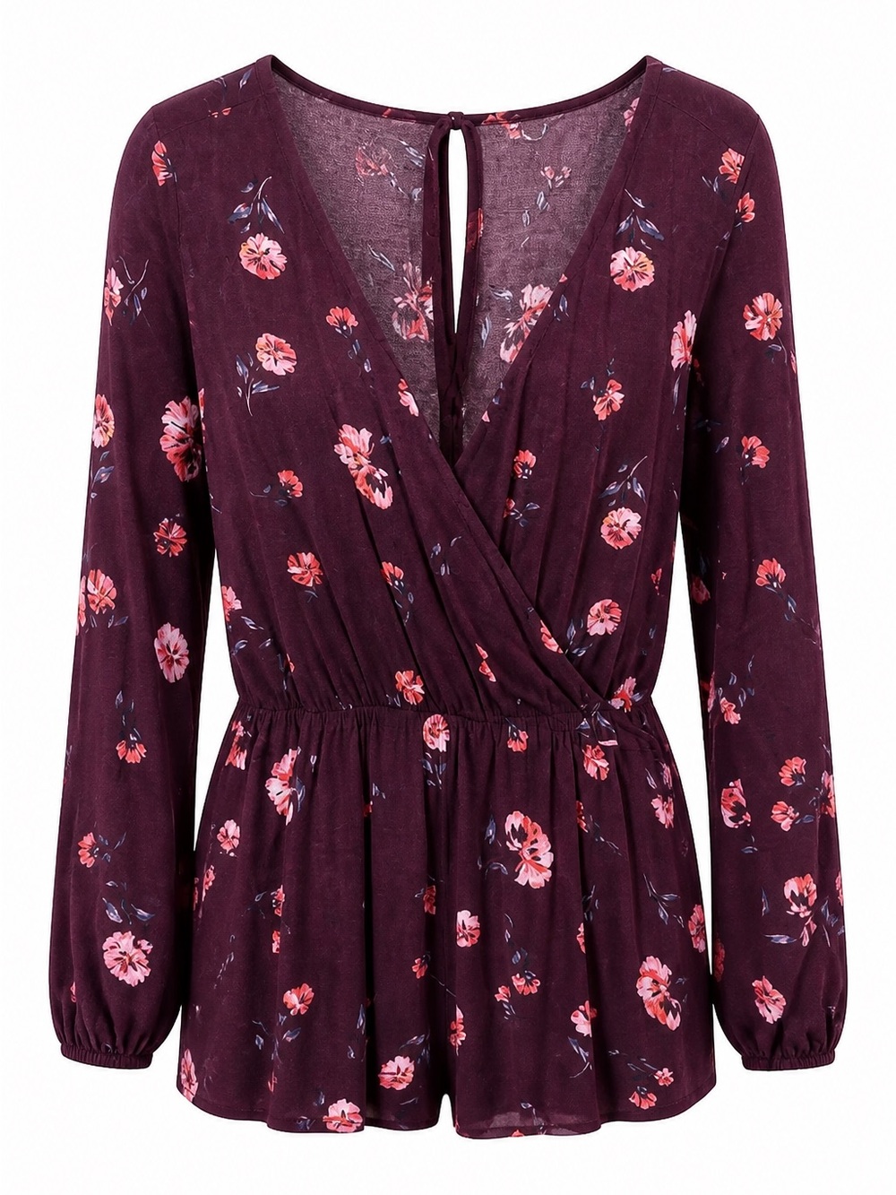Aeropostale Plum Floral Wrap Romper with Pink Blooms